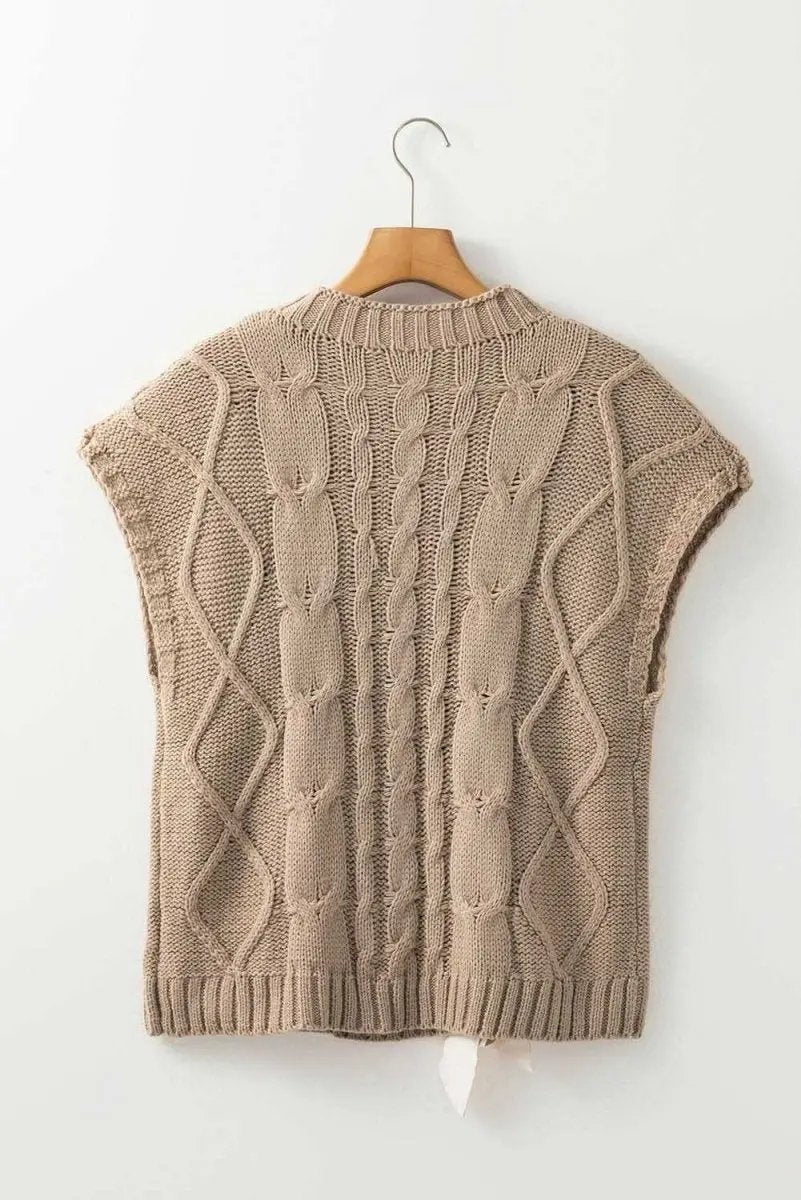 Chic Taupe Colorblocked Cable Knit Sweater with Satin Bow Detail - Love Salve